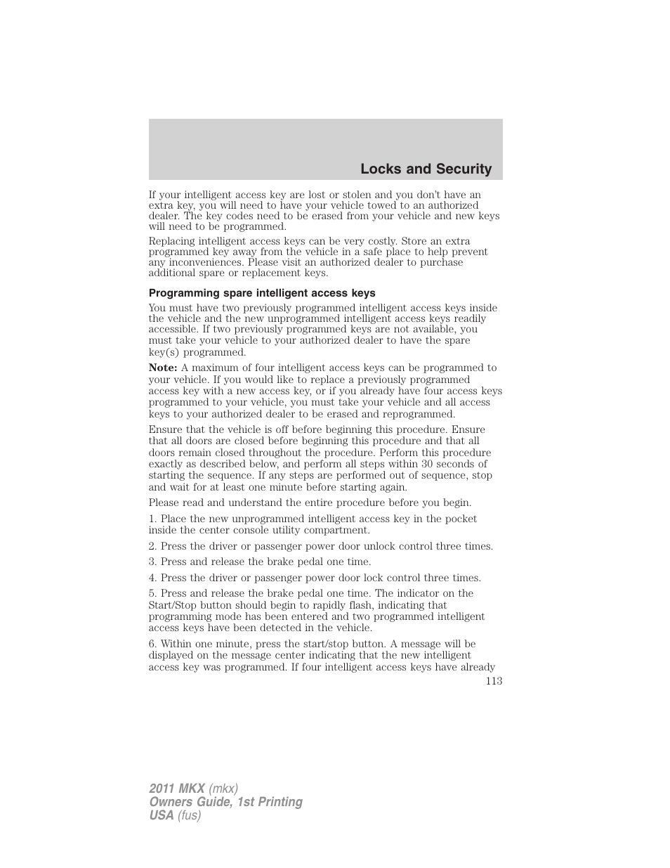 Programming spare intelligent access keys, Locks and security | Lincoln 2011 MKX User Manual | Page 113 / 367