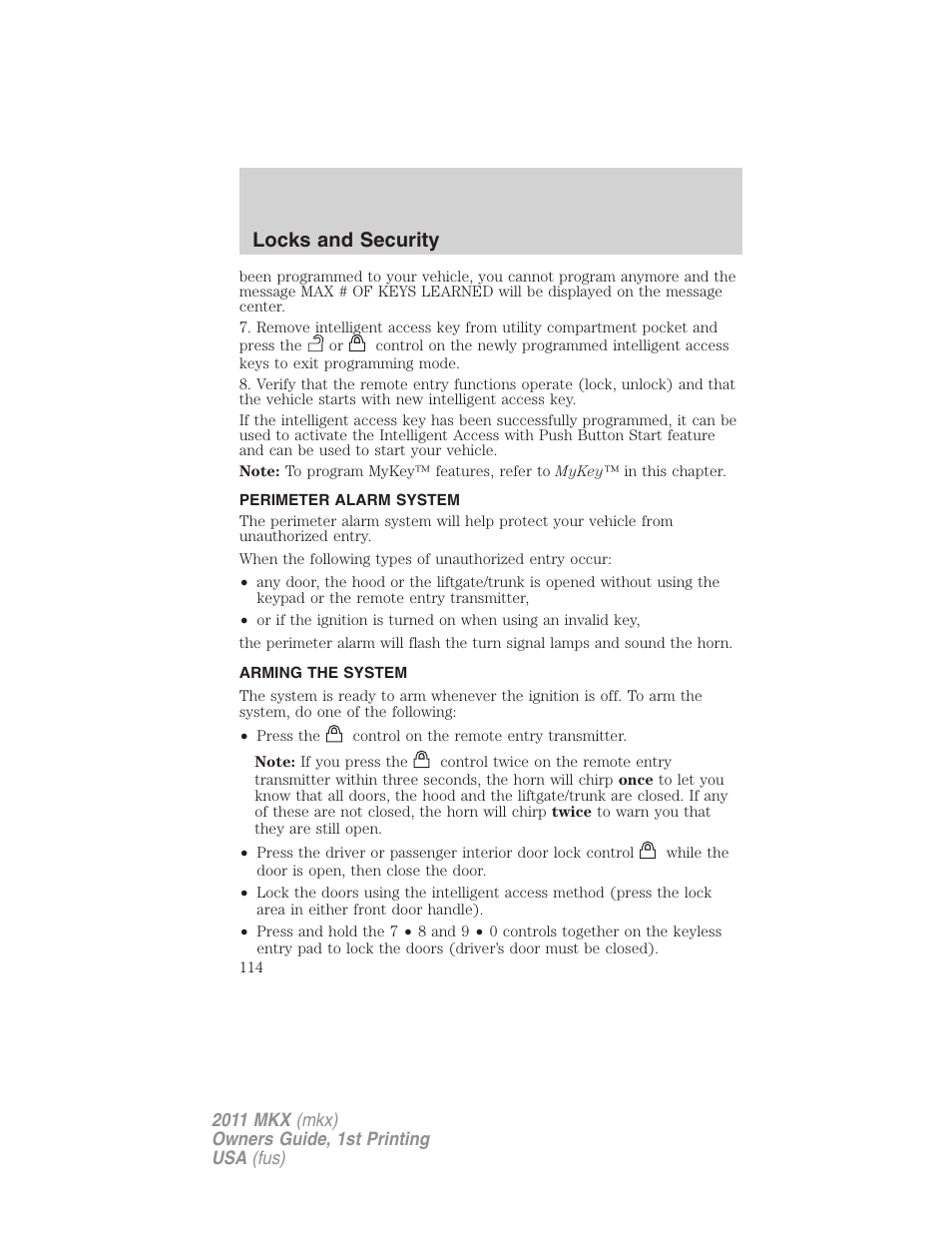 Perimeter alarm system, Arming the system, Locks and security | Lincoln 2011 MKX User Manual | Page 114 / 367