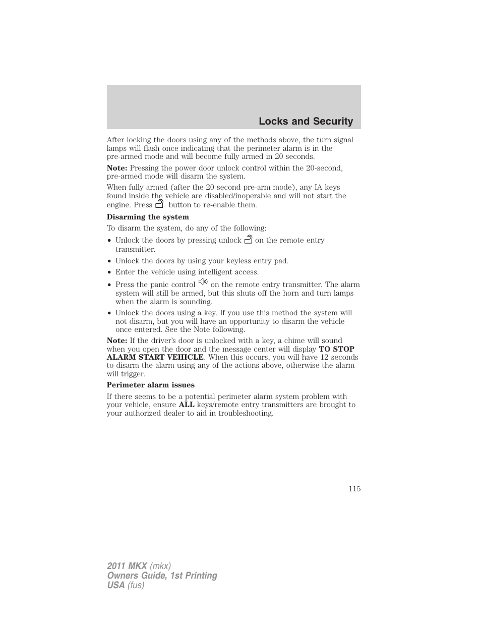 Locks and security | Lincoln 2011 MKX User Manual | Page 115 / 367