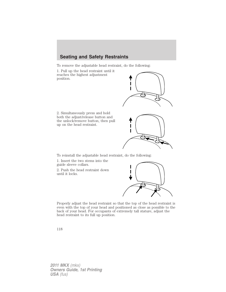 Seating and safety restraints | Lincoln 2011 MKX User Manual | Page 118 / 367