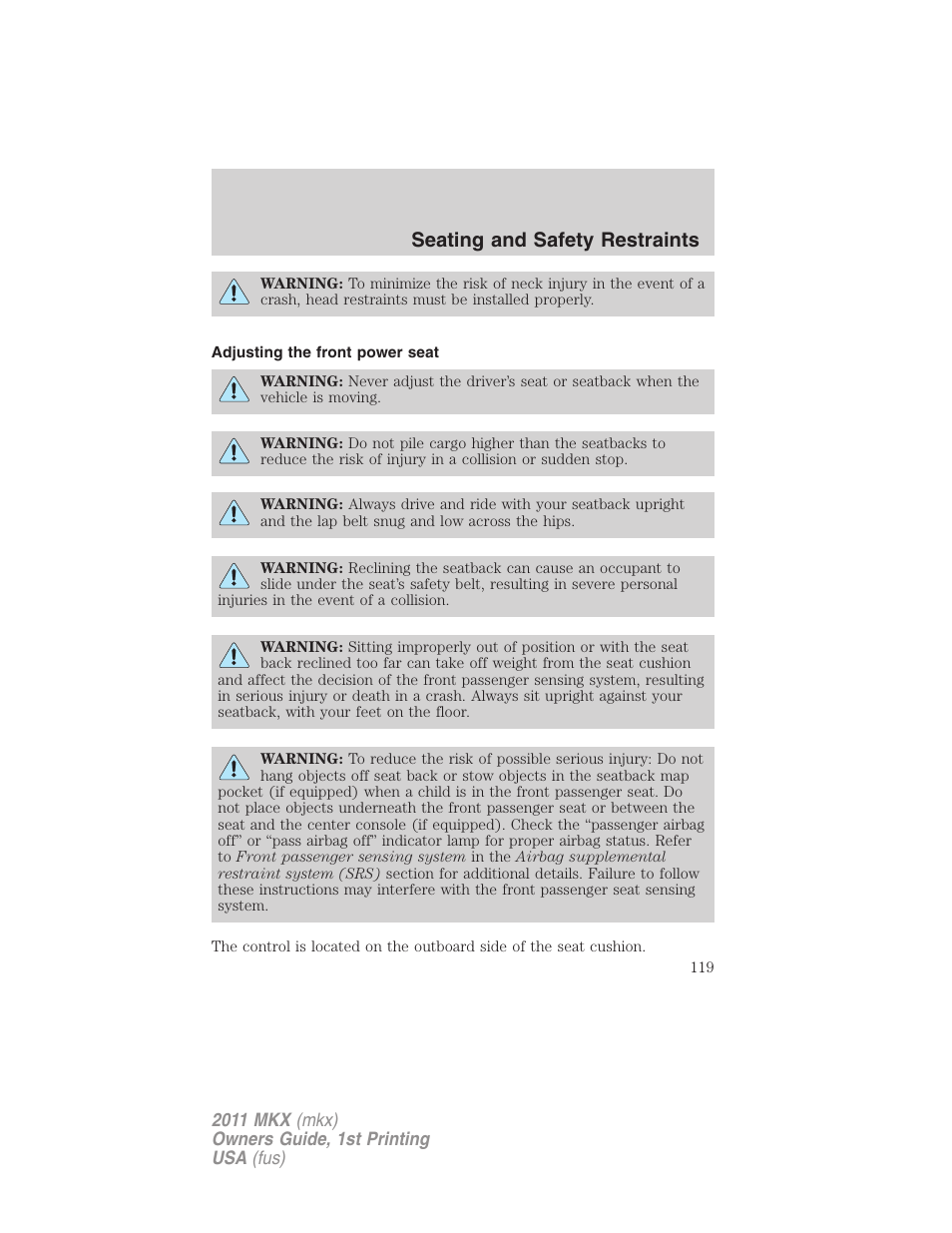 Adjusting the front power seat, Seating and safety restraints | Lincoln 2011 MKX User Manual | Page 119 / 367