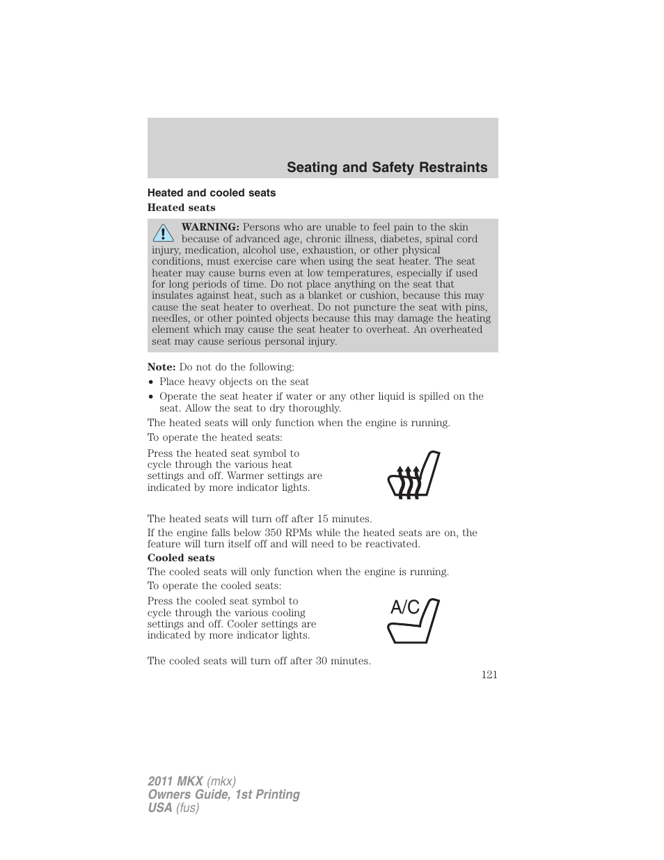 Heated and cooled seats, Seating and safety restraints | Lincoln 2011 MKX User Manual | Page 121 / 367