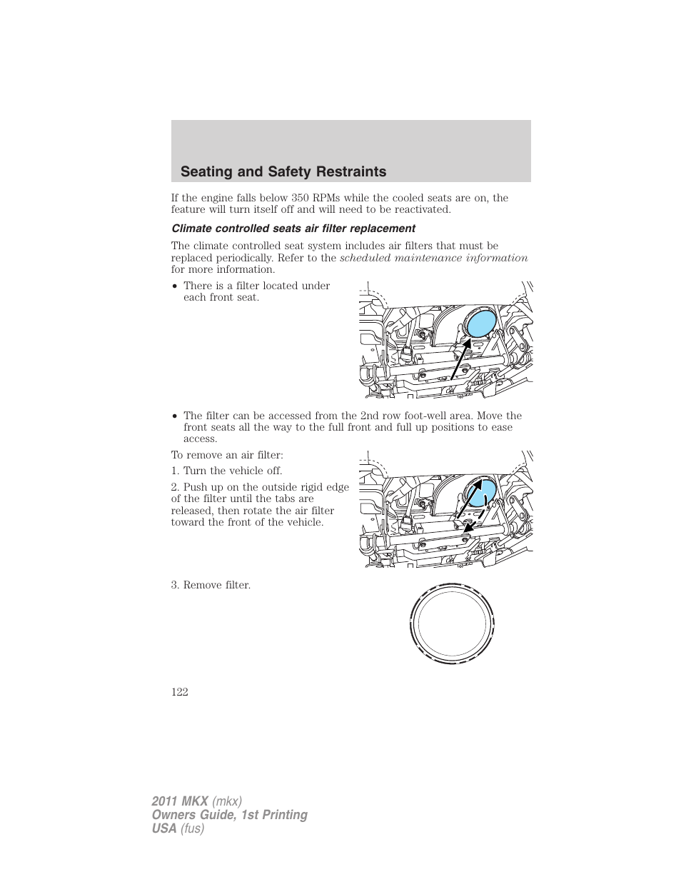 Climate controlled seats air filter replacement, Seating and safety restraints | Lincoln 2011 MKX User Manual | Page 122 / 367