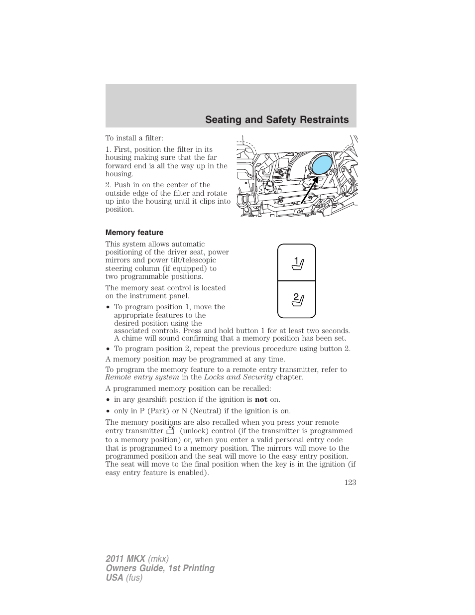 Memory feature, Seating and safety restraints | Lincoln 2011 MKX User Manual | Page 123 / 367