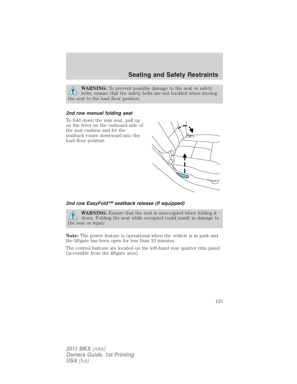 2nd row manual folding seat, 2nd row easyfold™ seatback release (if equipped), Seating and safety restraints | Lincoln 2011 MKX User Manual | Page 125 / 367