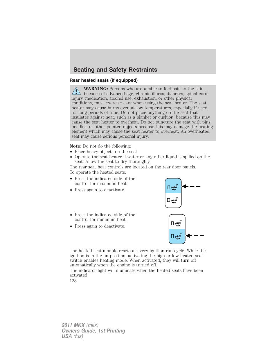 Rear heated seats (if equipped), Seating and safety restraints | Lincoln 2011 MKX User Manual | Page 128 / 367