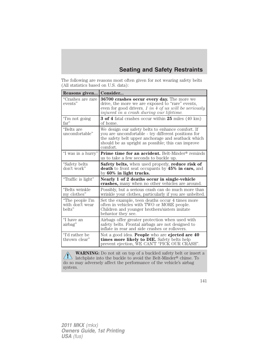 Seating and safety restraints | Lincoln 2011 MKX User Manual | Page 141 / 367