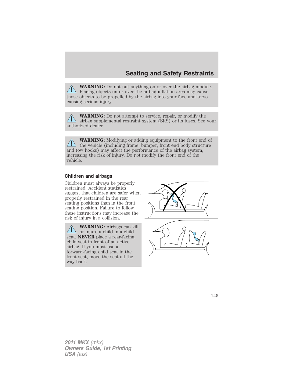 Children and airbags, Seating and safety restraints | Lincoln 2011 MKX User Manual | Page 145 / 367