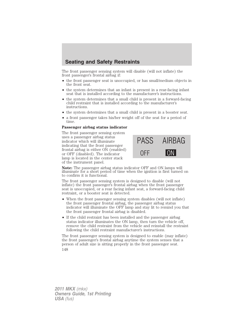 Seating and safety restraints | Lincoln 2011 MKX User Manual | Page 148 / 367