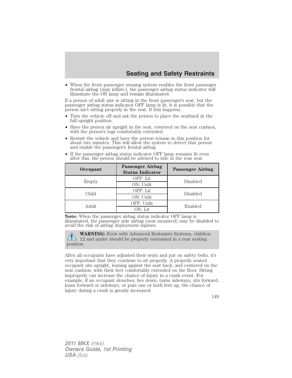 Seating and safety restraints | Lincoln 2011 MKX User Manual | Page 149 / 367