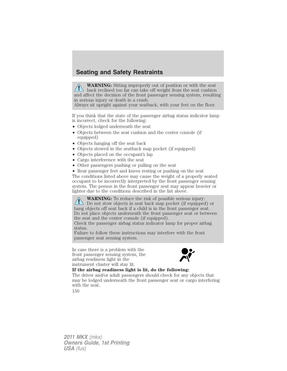 Seating and safety restraints | Lincoln 2011 MKX User Manual | Page 150 / 367