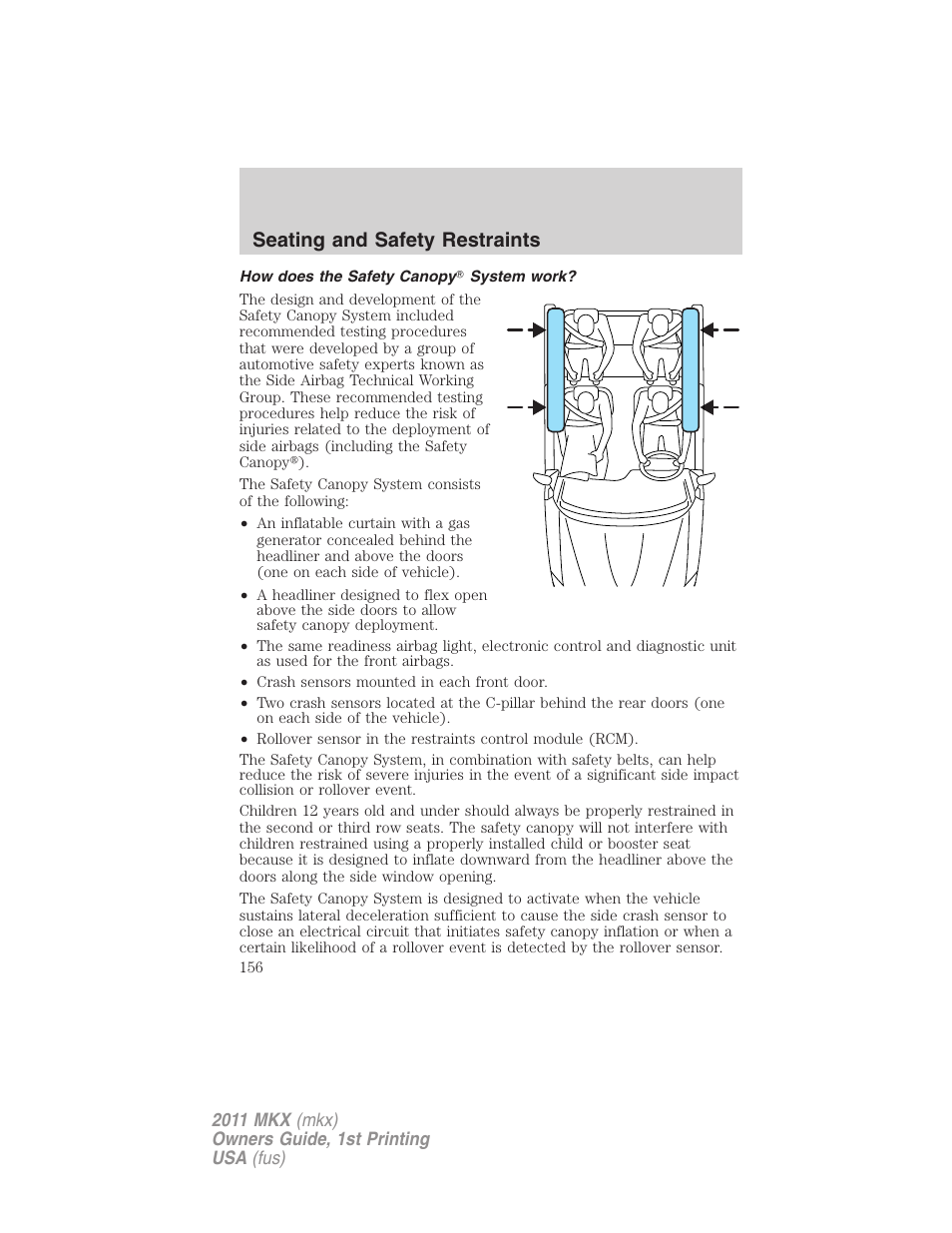 How does the safety canopy system work, Seating and safety restraints | Lincoln 2011 MKX User Manual | Page 156 / 367