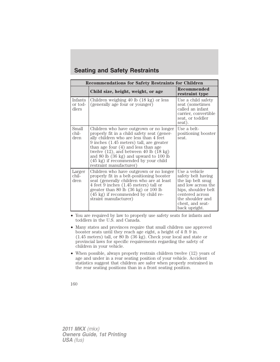 Seating and safety restraints | Lincoln 2011 MKX User Manual | Page 160 / 367