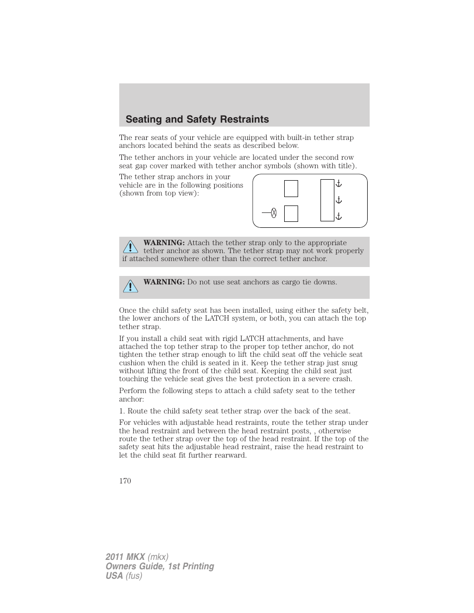 Seating and safety restraints | Lincoln 2011 MKX User Manual | Page 170 / 367