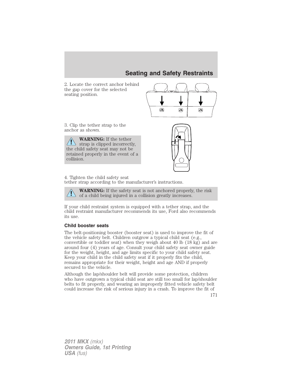 Child booster seats, Seating and safety restraints | Lincoln 2011 MKX User Manual | Page 171 / 367