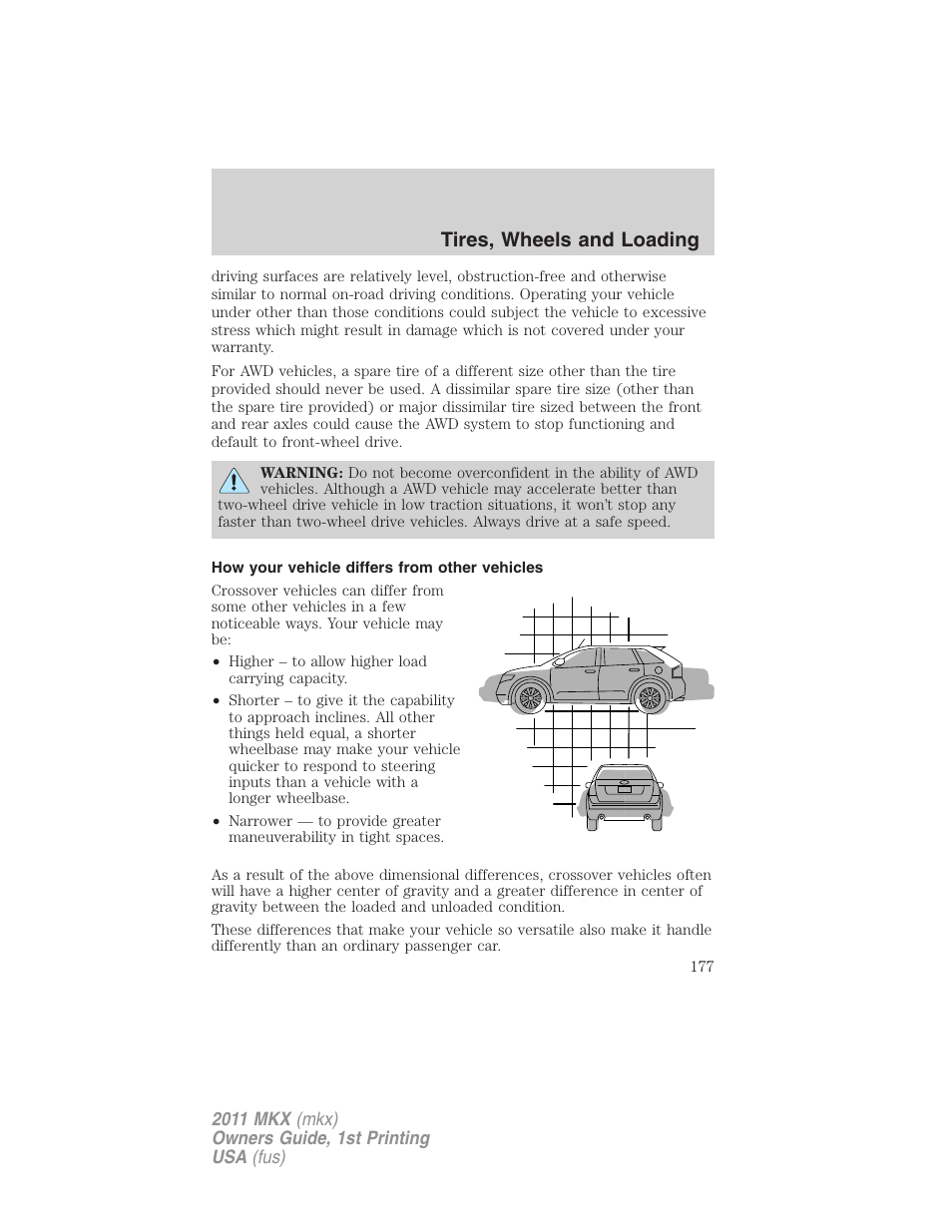 How your vehicle differs from other vehicles, Tires, wheels and loading | Lincoln 2011 MKX User Manual | Page 177 / 367