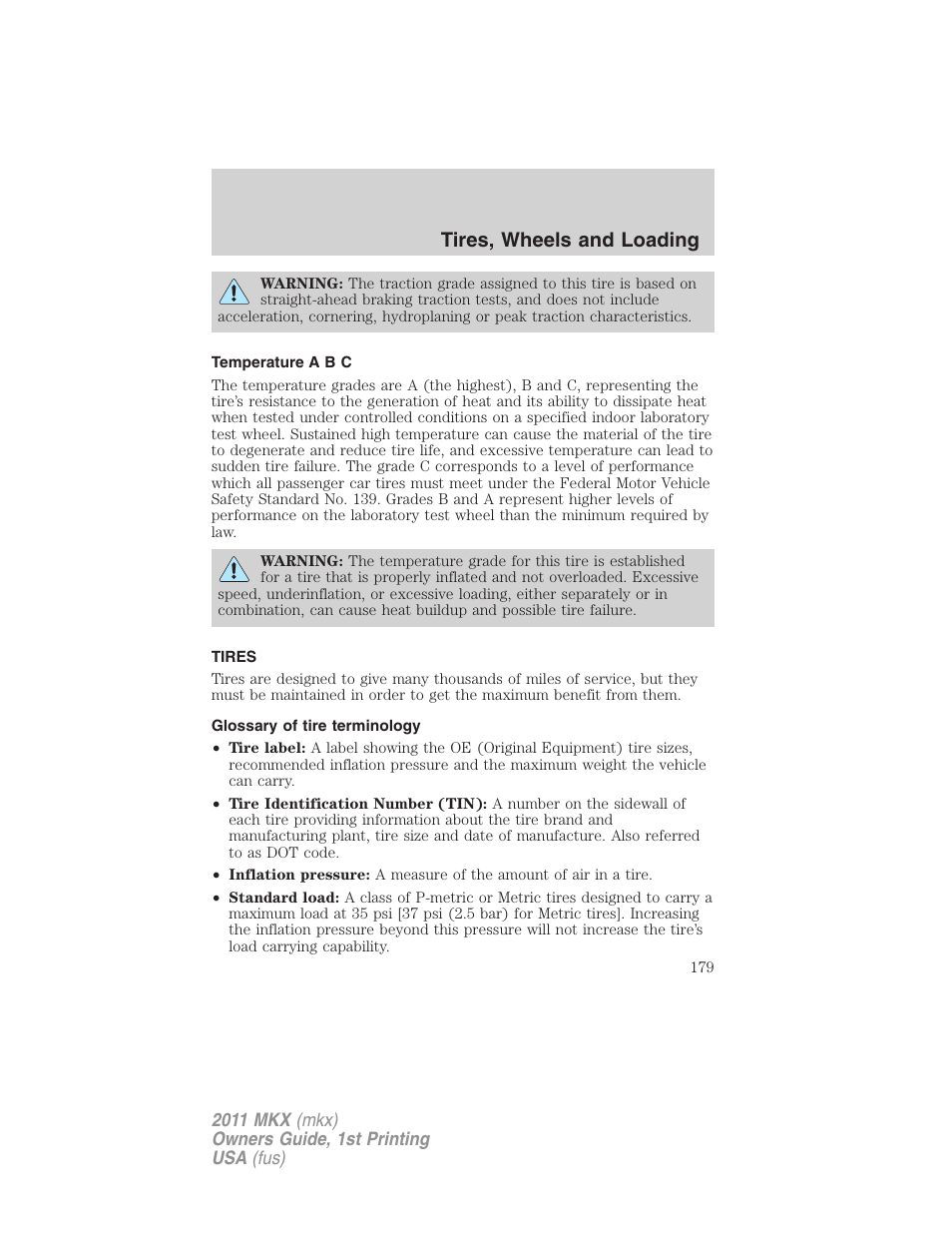 Temperature a b c, Tires, Glossary of tire terminology | Tires, wheels and loading | Lincoln 2011 MKX User Manual | Page 179 / 367