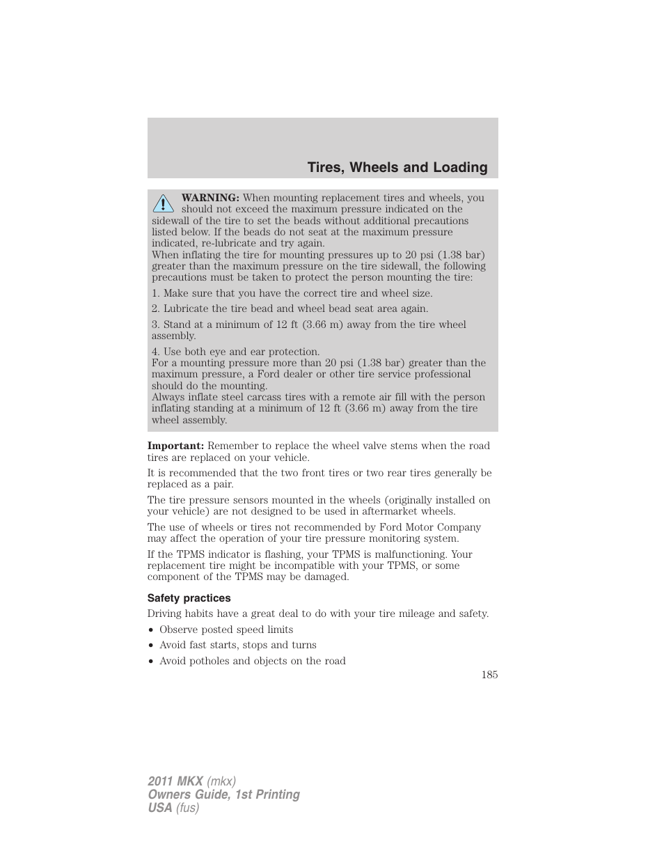 Safety practices, Tires, wheels and loading | Lincoln 2011 MKX User Manual | Page 185 / 367