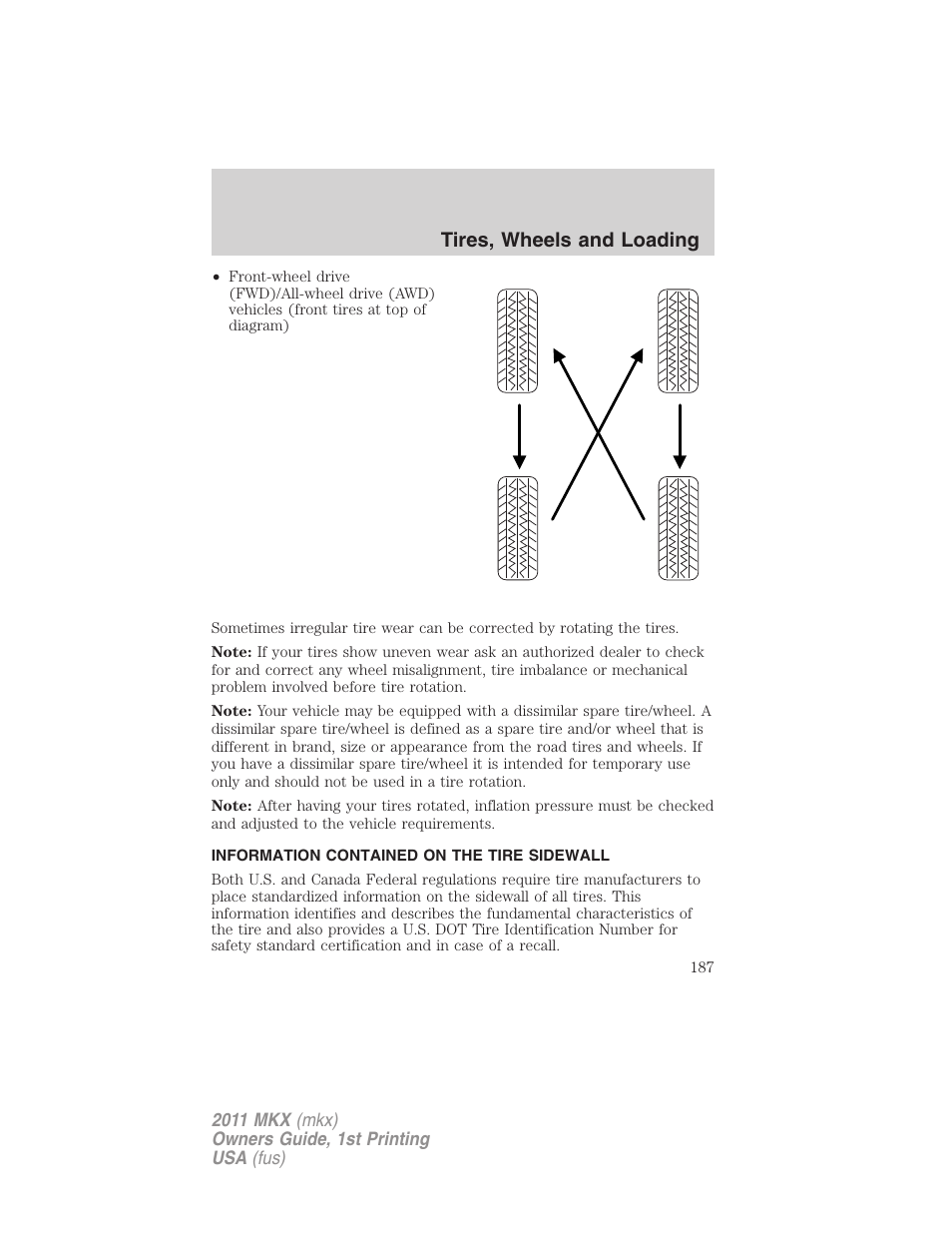 Information contained on the tire sidewall, Tires, wheels and loading | Lincoln 2011 MKX User Manual | Page 187 / 367