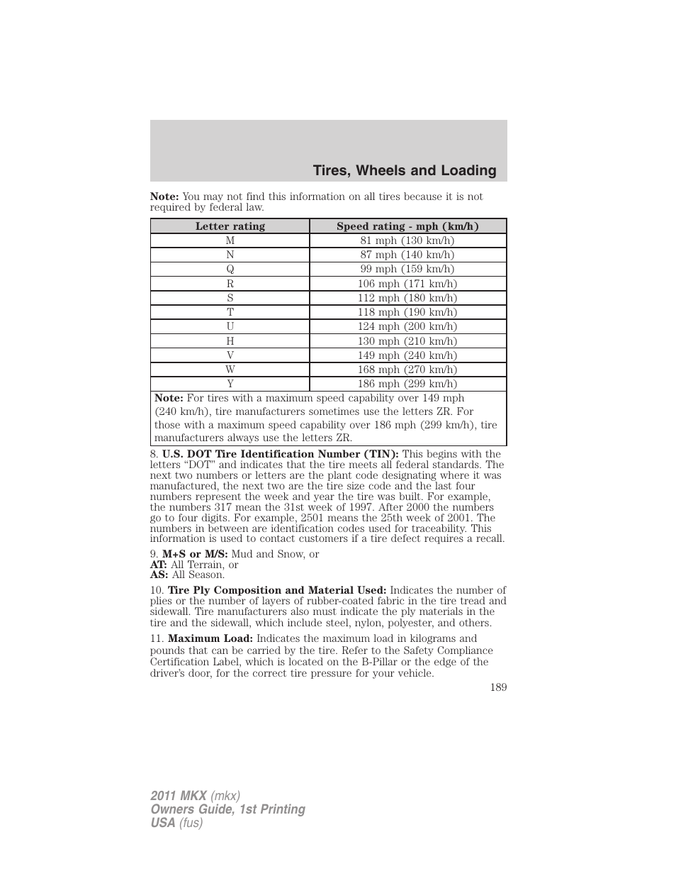 Tires, wheels and loading | Lincoln 2011 MKX User Manual | Page 189 / 367