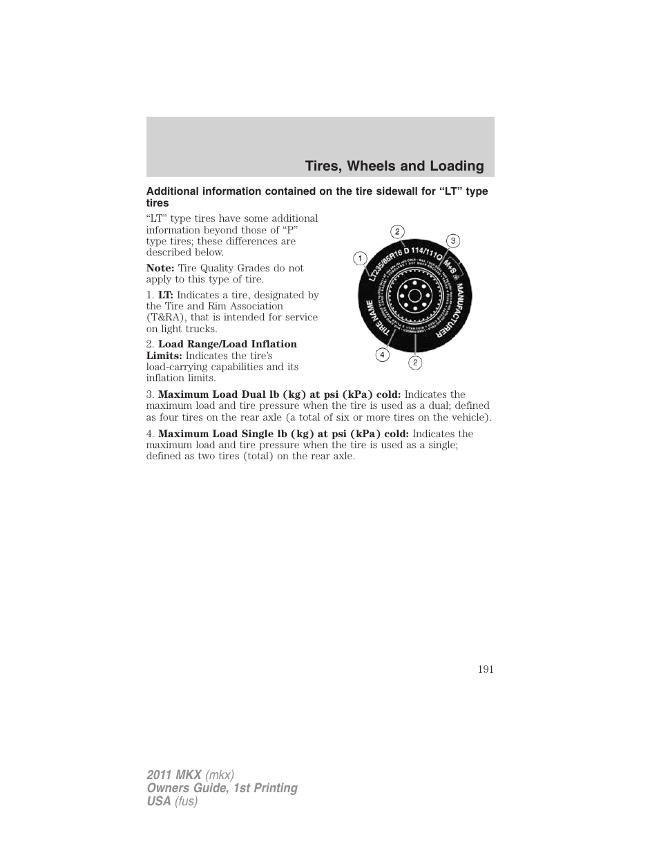 Tires, wheels and loading | Lincoln 2011 MKX User Manual | Page 191 / 367