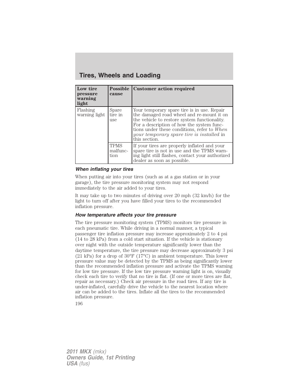 When inflating your tires, How temperature affects your tire pressure, Tires, wheels and loading | Lincoln 2011 MKX User Manual | Page 196 / 367