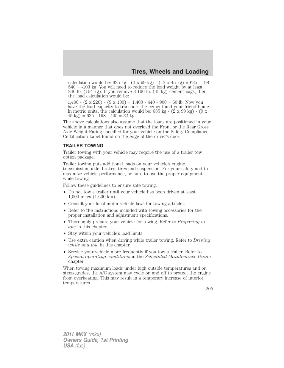 Trailer towing, Tires, wheels and loading | Lincoln 2011 MKX User Manual | Page 205 / 367