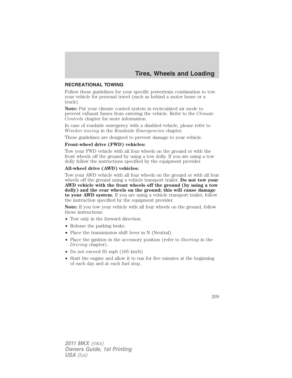 Recreational towing, Tires, wheels and loading | Lincoln 2011 MKX User Manual | Page 209 / 367