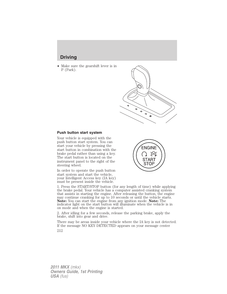 Push button start system, Driving | Lincoln 2011 MKX User Manual | Page 212 / 367