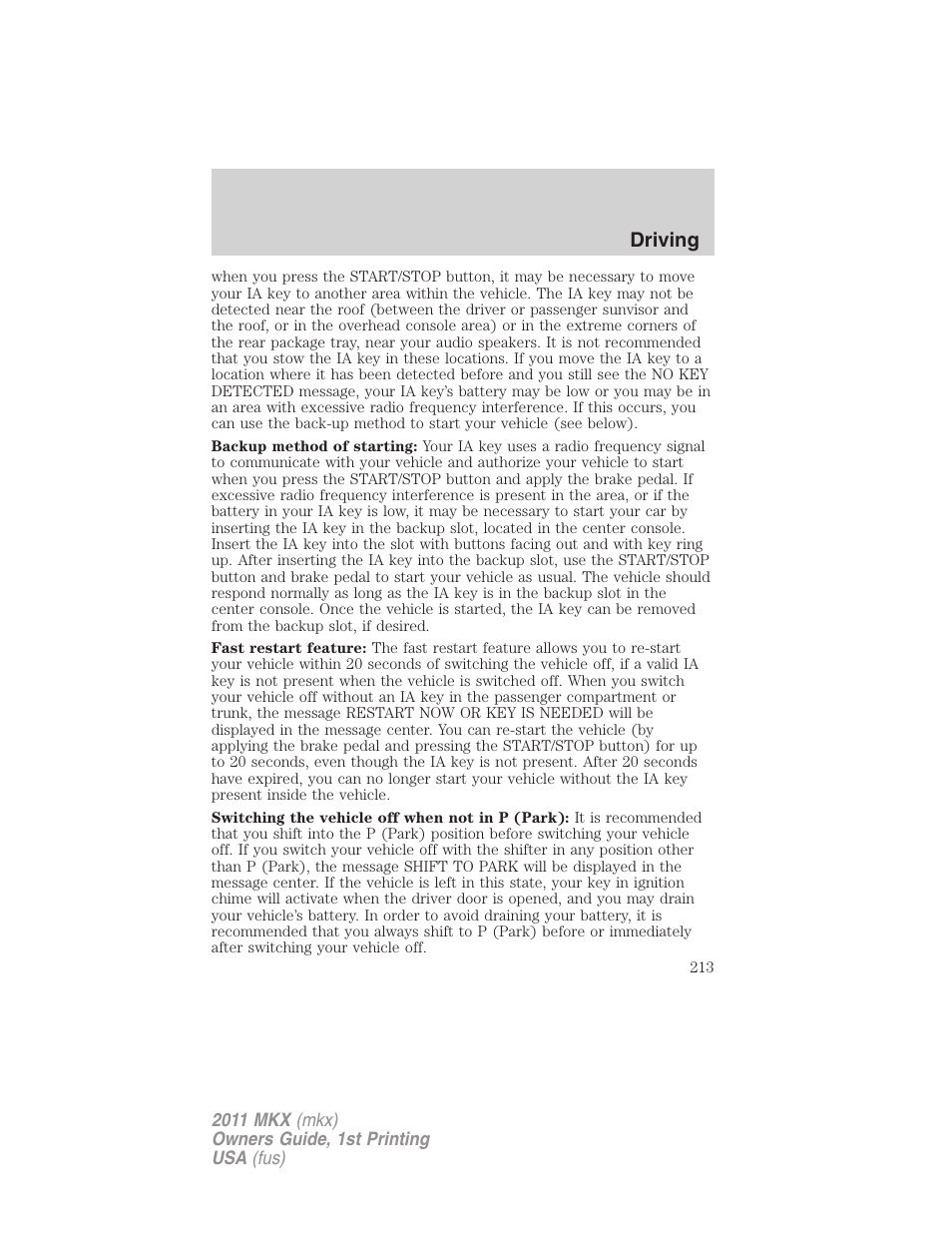 Driving | Lincoln 2011 MKX User Manual | Page 213 / 367