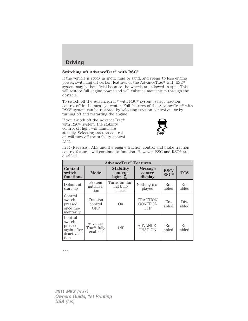 Driving | Lincoln 2011 MKX User Manual | Page 222 / 367