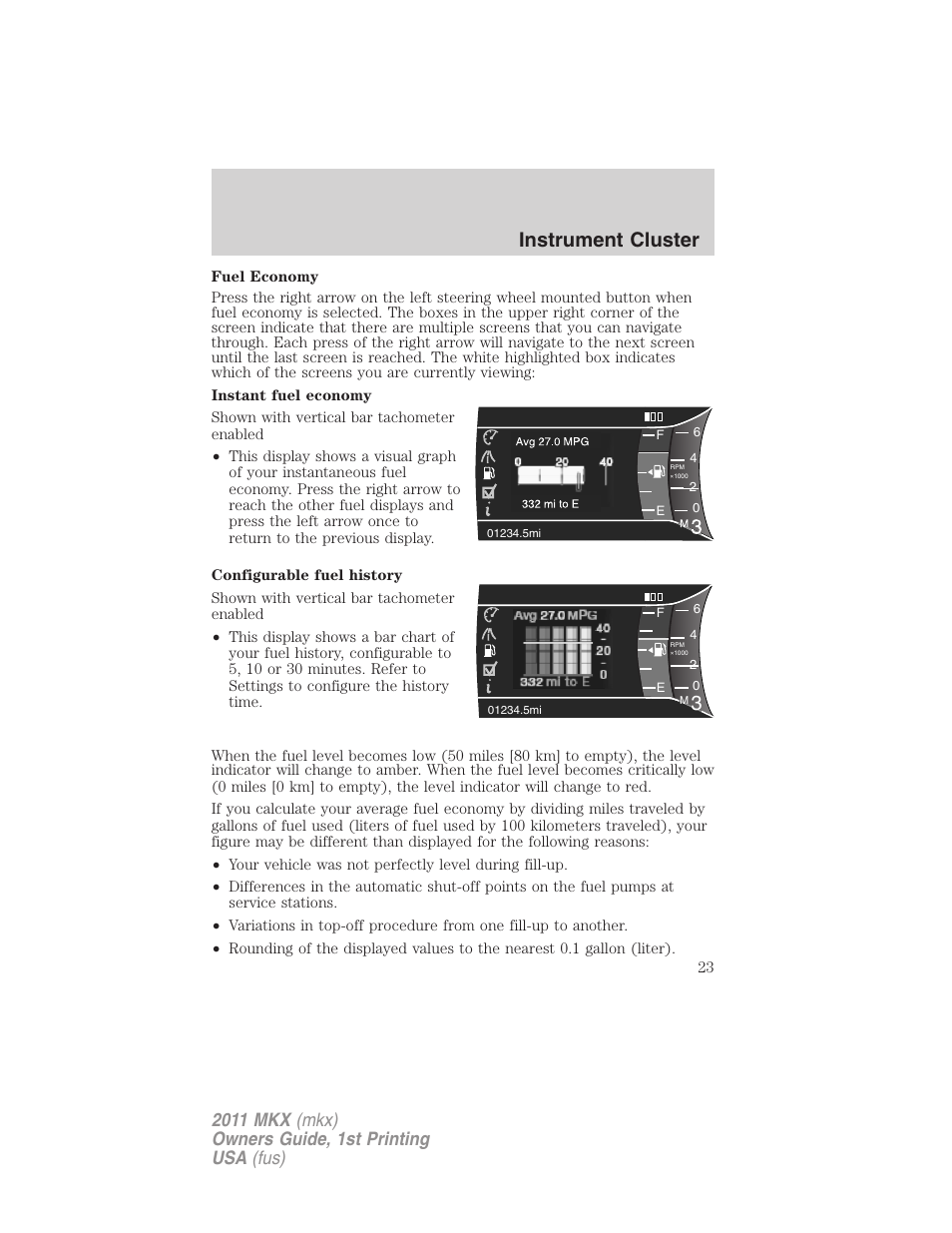 3instrument cluster | Lincoln 2011 MKX User Manual | Page 23 / 367