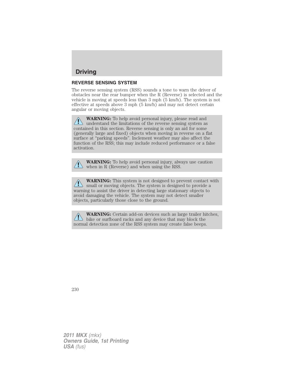 Reverse sensing system, Driving | Lincoln 2011 MKX User Manual | Page 230 / 367
