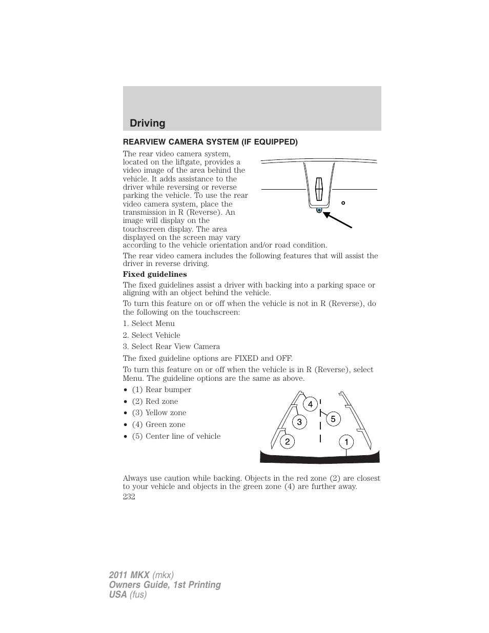 Rearview camera system (if equipped), Rear-view camera system, Driving | Lincoln 2011 MKX User Manual | Page 232 / 367