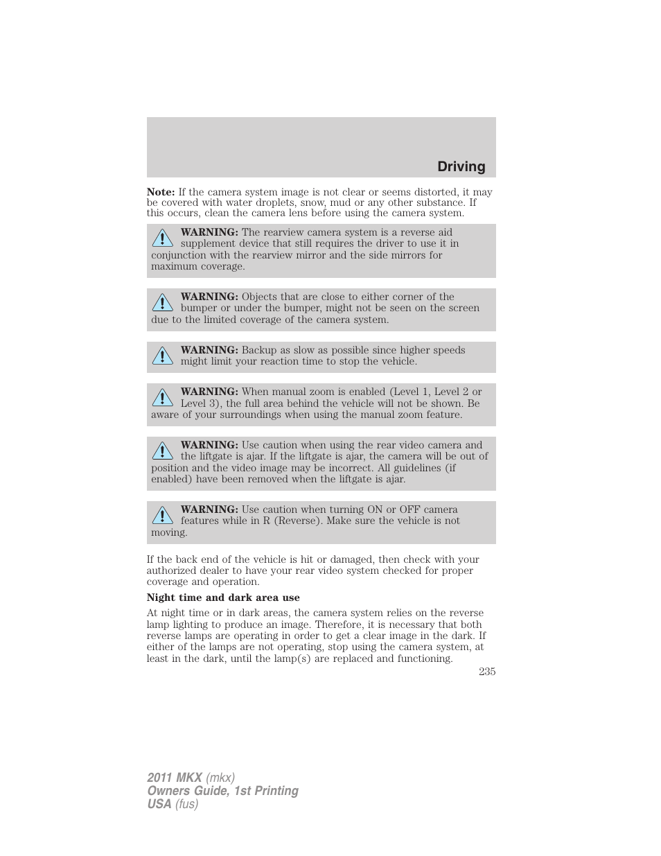 Driving | Lincoln 2011 MKX User Manual | Page 235 / 367