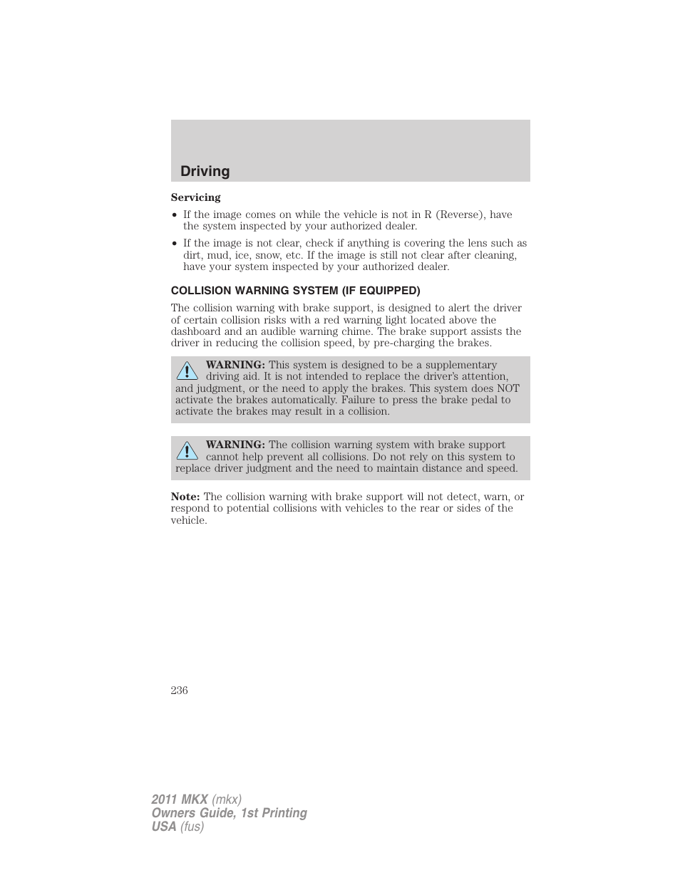 Collision warning system (if equipped), Driving | Lincoln 2011 MKX User Manual | Page 236 / 367