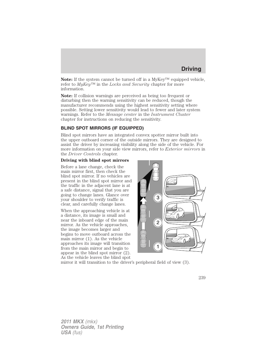 Blind spot mirrors (if equipped), Driving | Lincoln 2011 MKX User Manual | Page 239 / 367