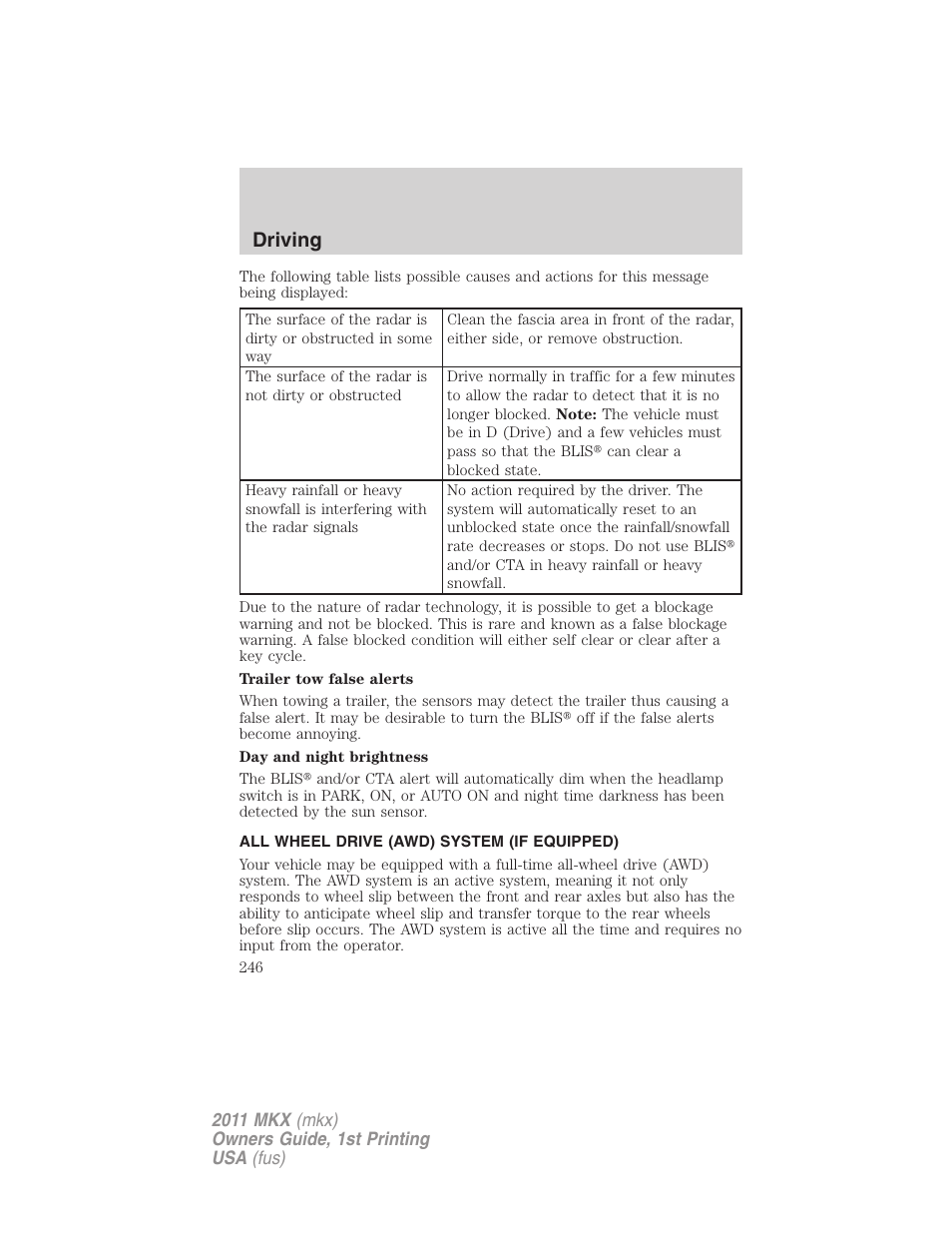 All wheel drive (awd) system (if equipped), Driving | Lincoln 2011 MKX User Manual | Page 246 / 367