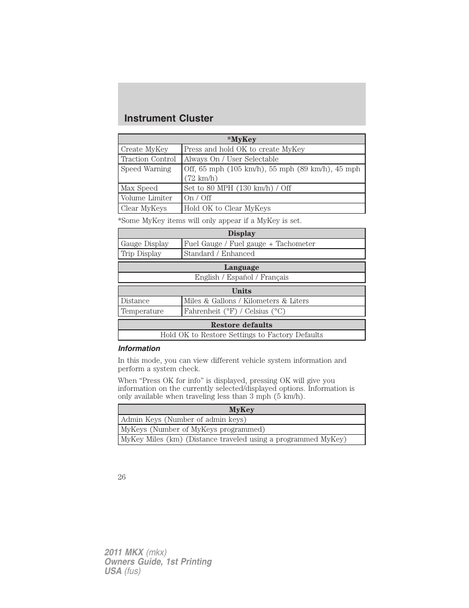 Information, Instrument cluster | Lincoln 2011 MKX User Manual | Page 26 / 367