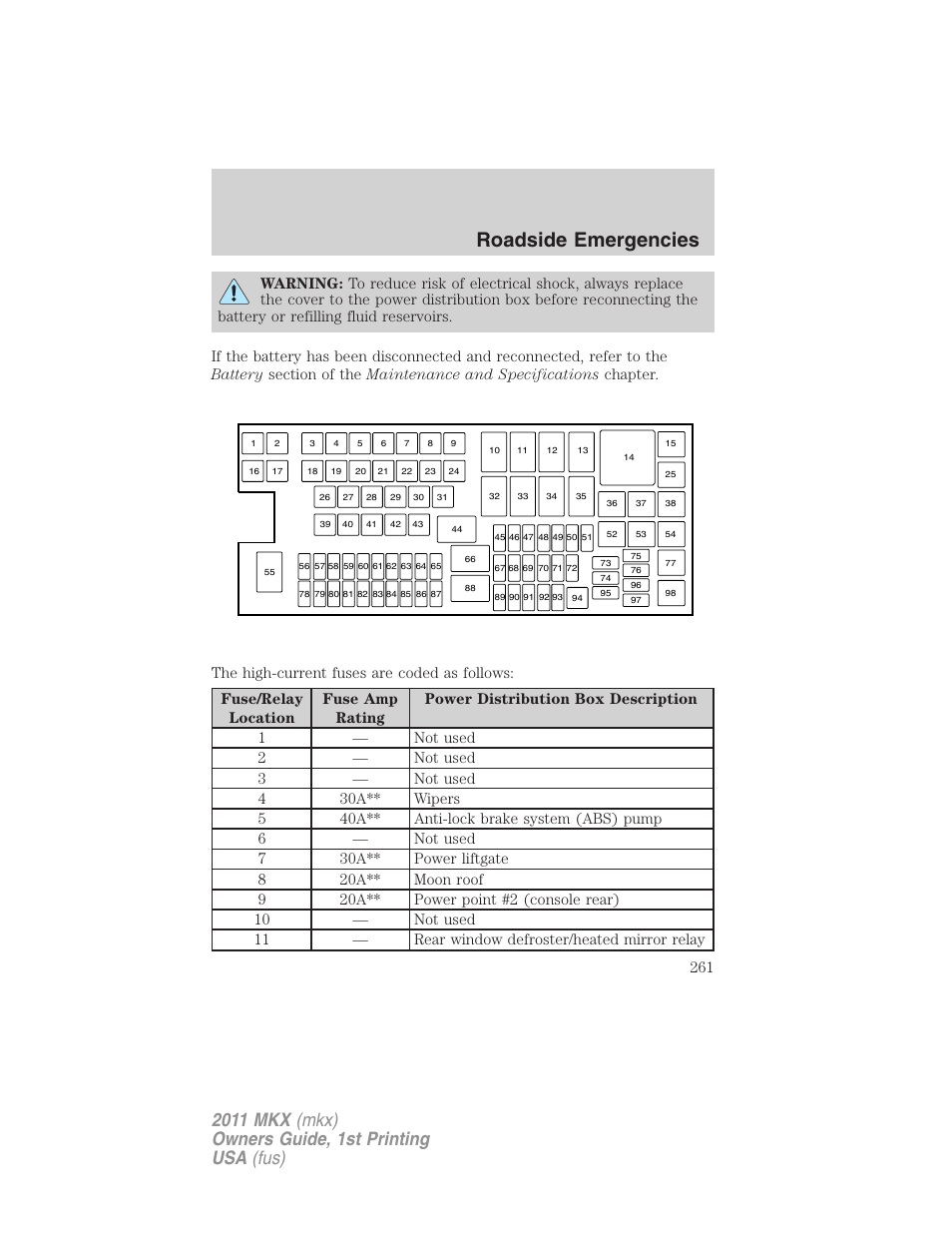 Roadside emergencies | Lincoln 2011 MKX User Manual | Page 261 / 367