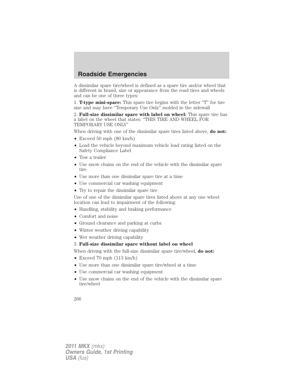 Roadside emergencies | Lincoln 2011 MKX User Manual | Page 266 / 367