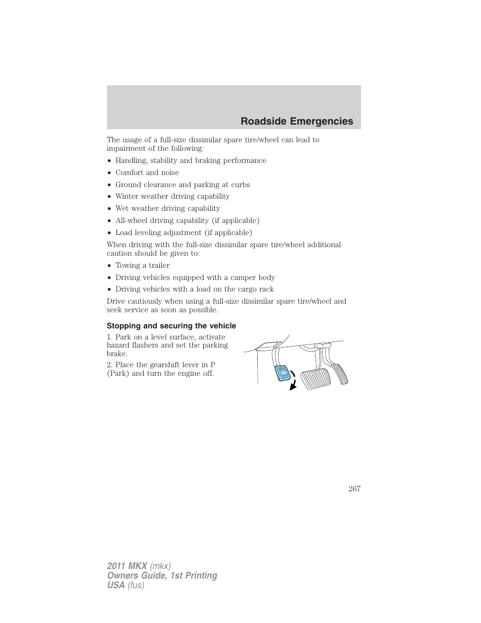 Stopping and securing the vehicle, Roadside emergencies | Lincoln 2011 MKX User Manual | Page 267 / 367