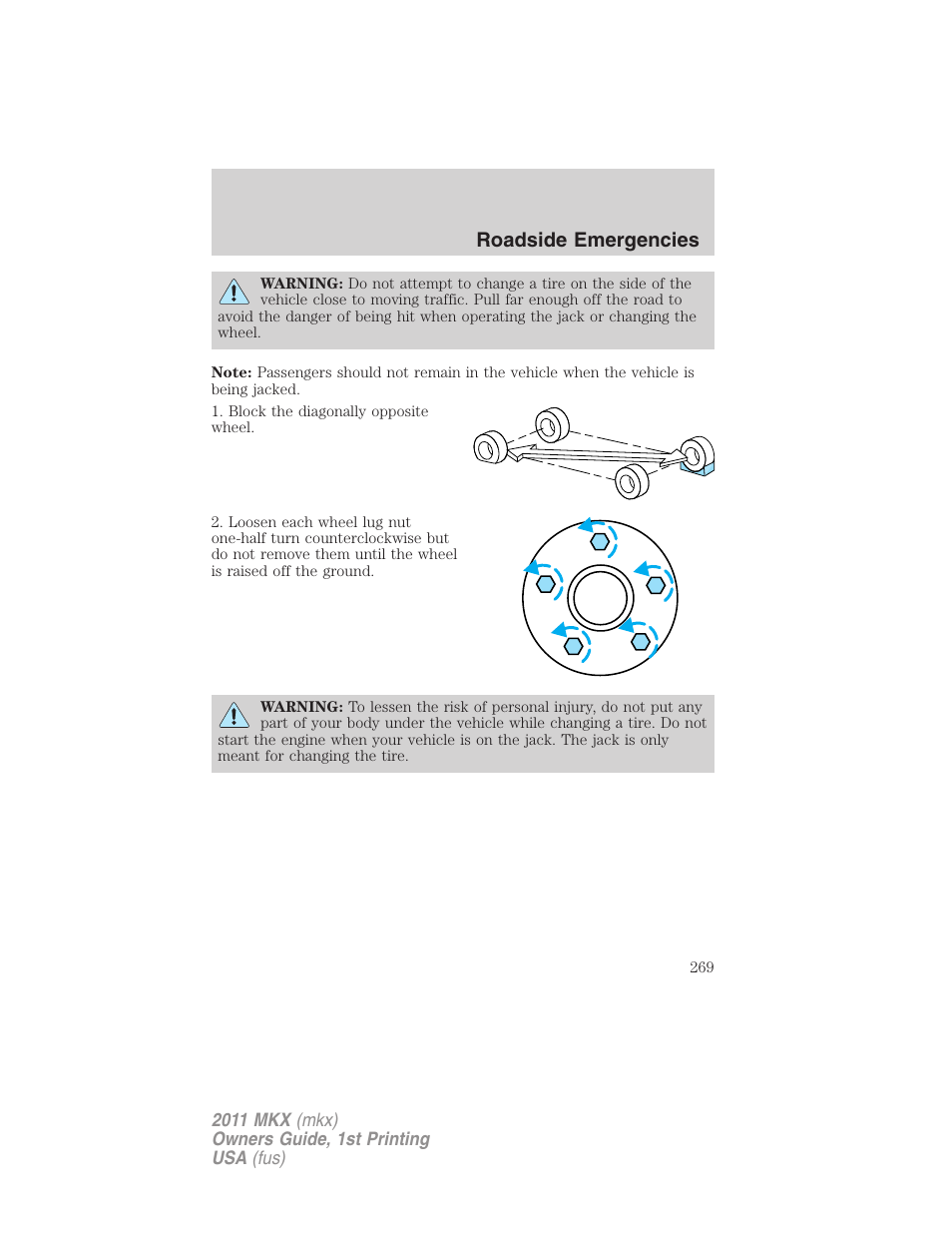 Roadside emergencies | Lincoln 2011 MKX User Manual | Page 269 / 367