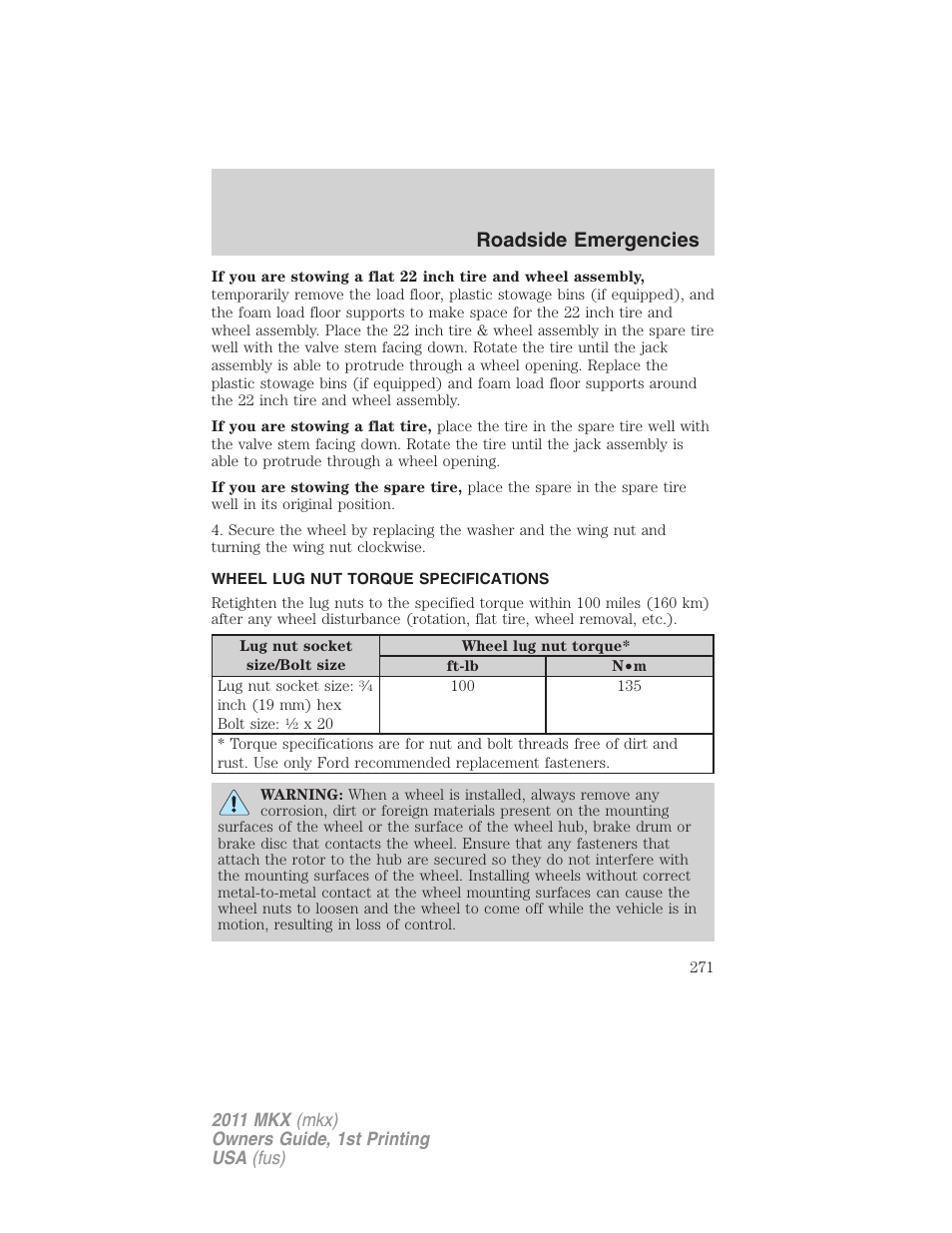 Wheel lug nut torque specifications, Wheel lug nut torque, Roadside emergencies | Lincoln 2011 MKX User Manual | Page 271 / 367