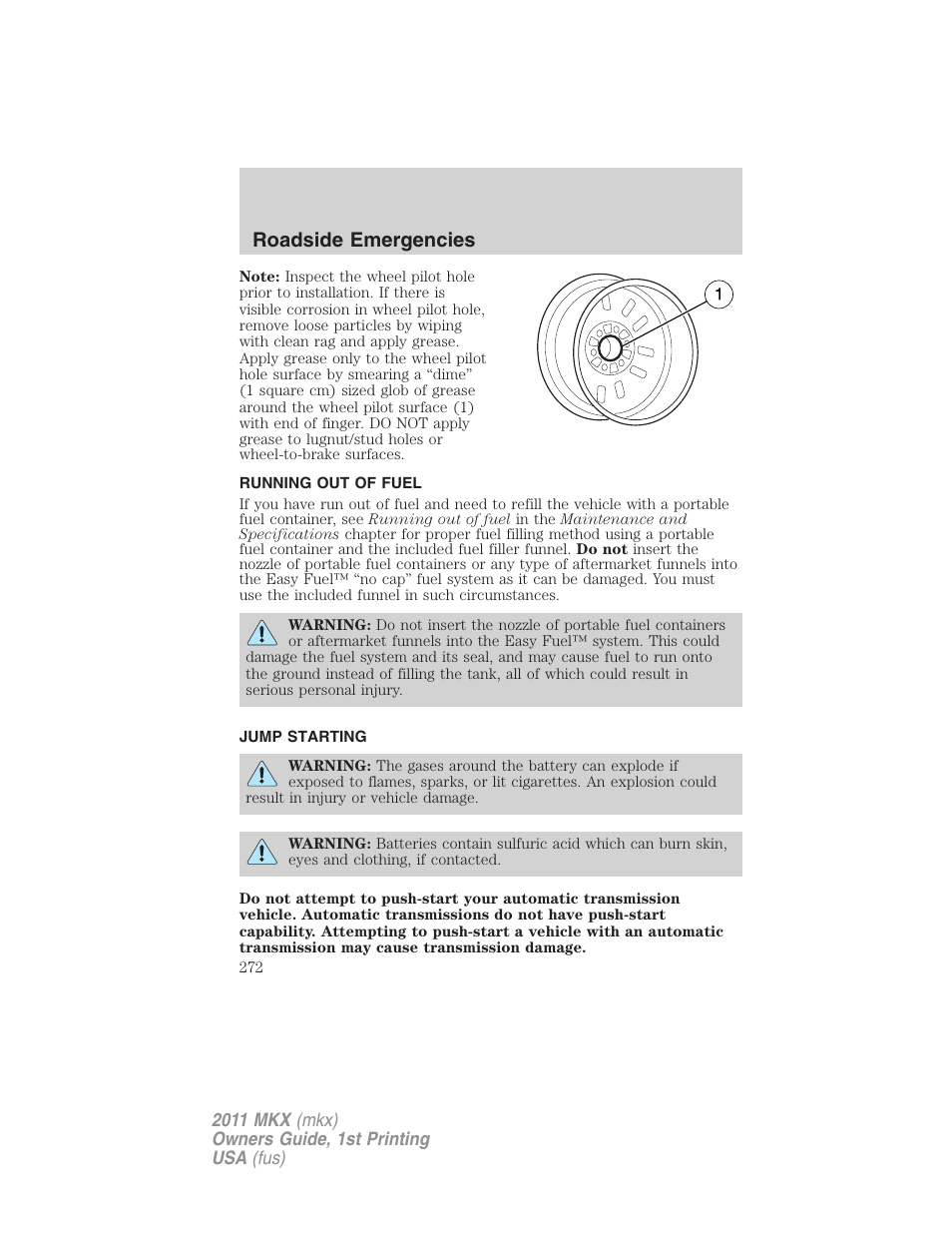 Running out of fuel, Jump starting, Roadside emergencies | Lincoln 2011 MKX User Manual | Page 272 / 367