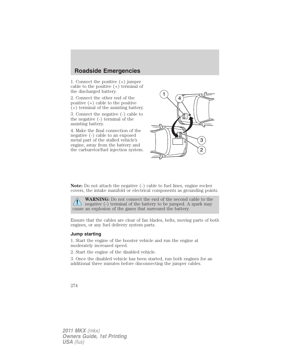 Jump starting, Roadside emergencies | Lincoln 2011 MKX User Manual | Page 274 / 367