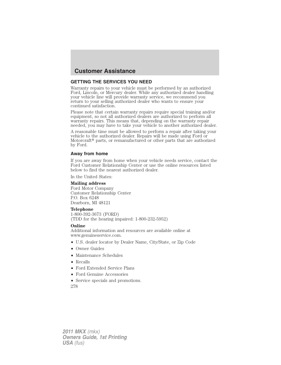 Customer assistance, Getting the services you need, Away from home | Lincoln 2011 MKX User Manual | Page 278 / 367