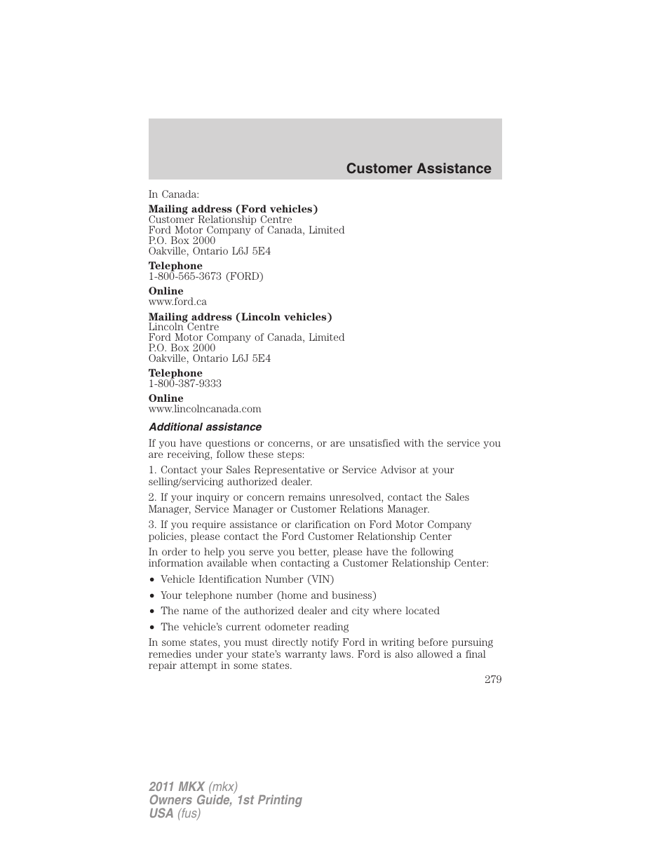 Additional assistance, Customer assistance | Lincoln 2011 MKX User Manual | Page 279 / 367