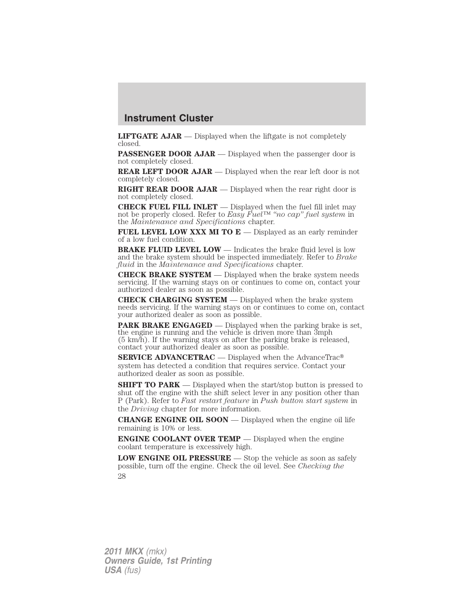 Instrument cluster | Lincoln 2011 MKX User Manual | Page 28 / 367