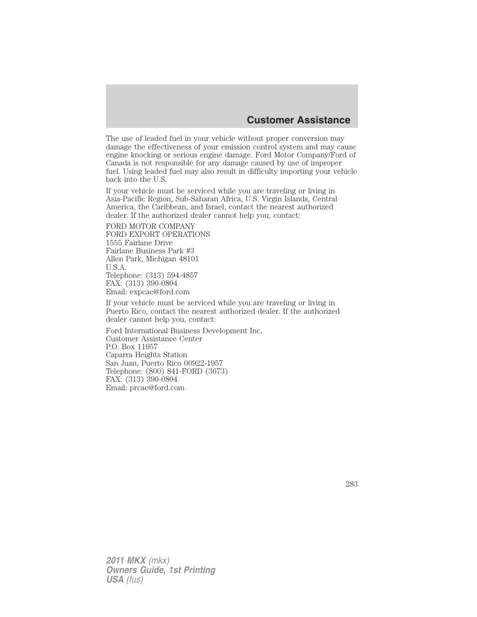 Customer assistance | Lincoln 2011 MKX User Manual | Page 283 / 367